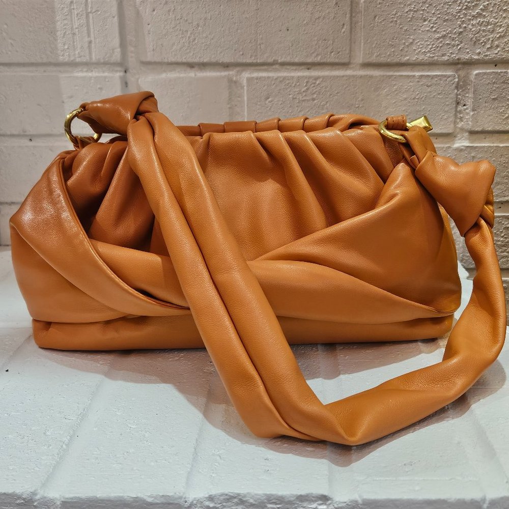 Luxe Caramel Leather Shoulder Bag with Gold Accents